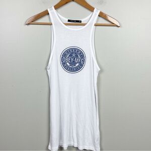 Obey White Ribbed Tank Top with Blue Logo